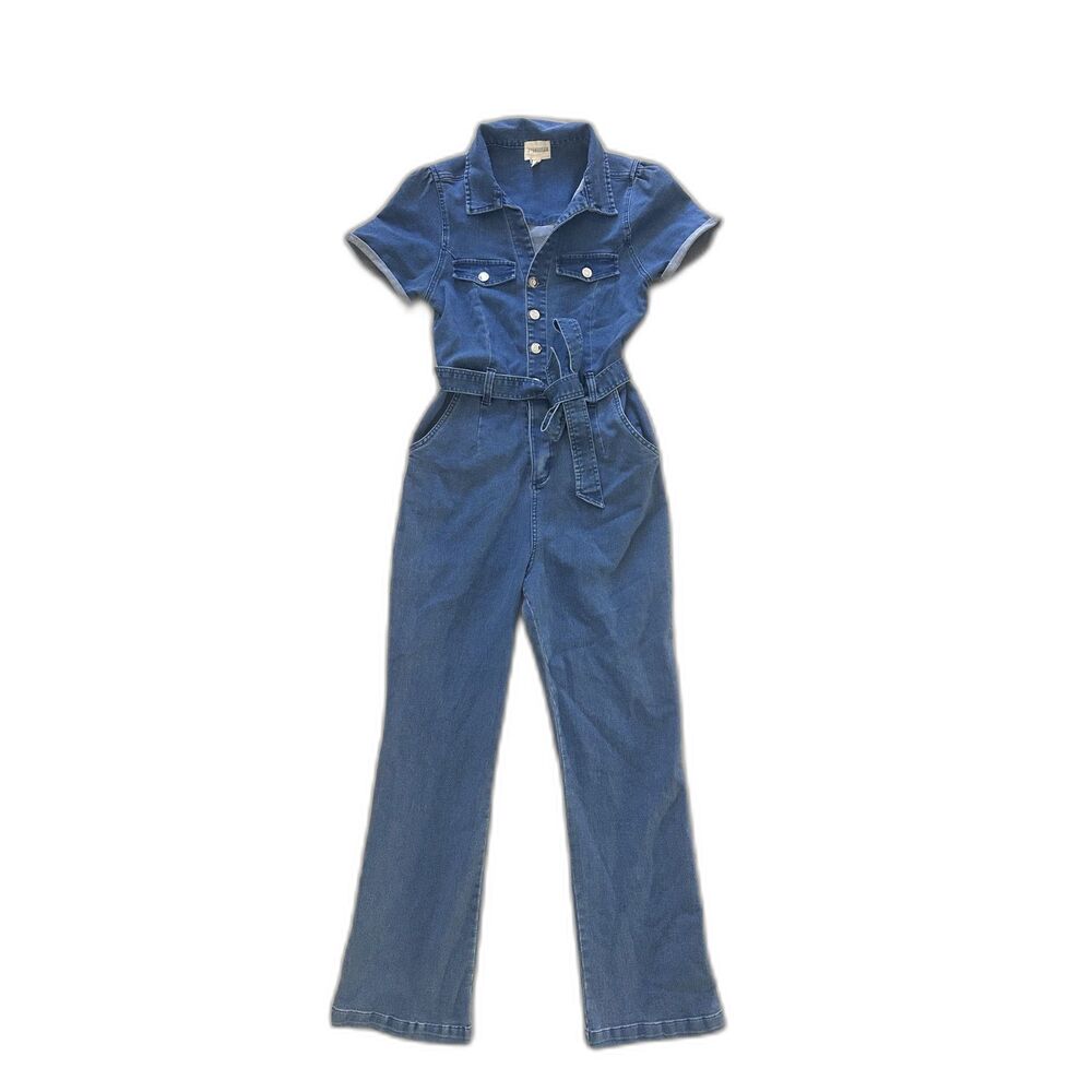 7th & hudson denim jumpsuit tie waist flare bottom pants